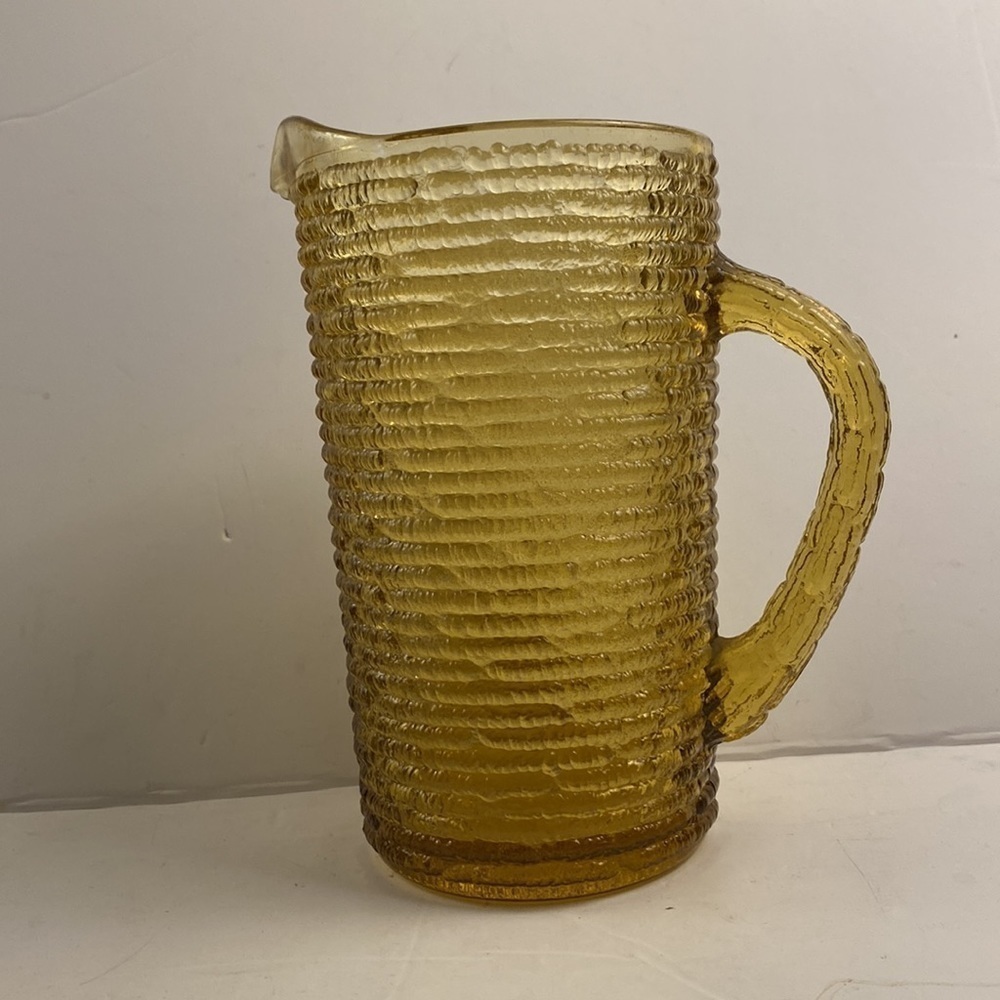 Amber glass pitcher vintage textured ribbed vase lemonade water